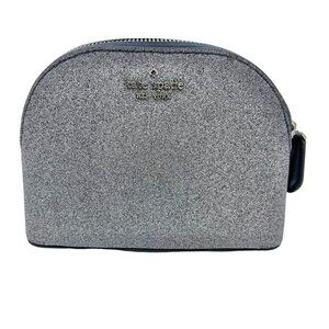 Kate Spade Glitter Silver Cosmetic Bag With Zip Closure & Navy Accents
